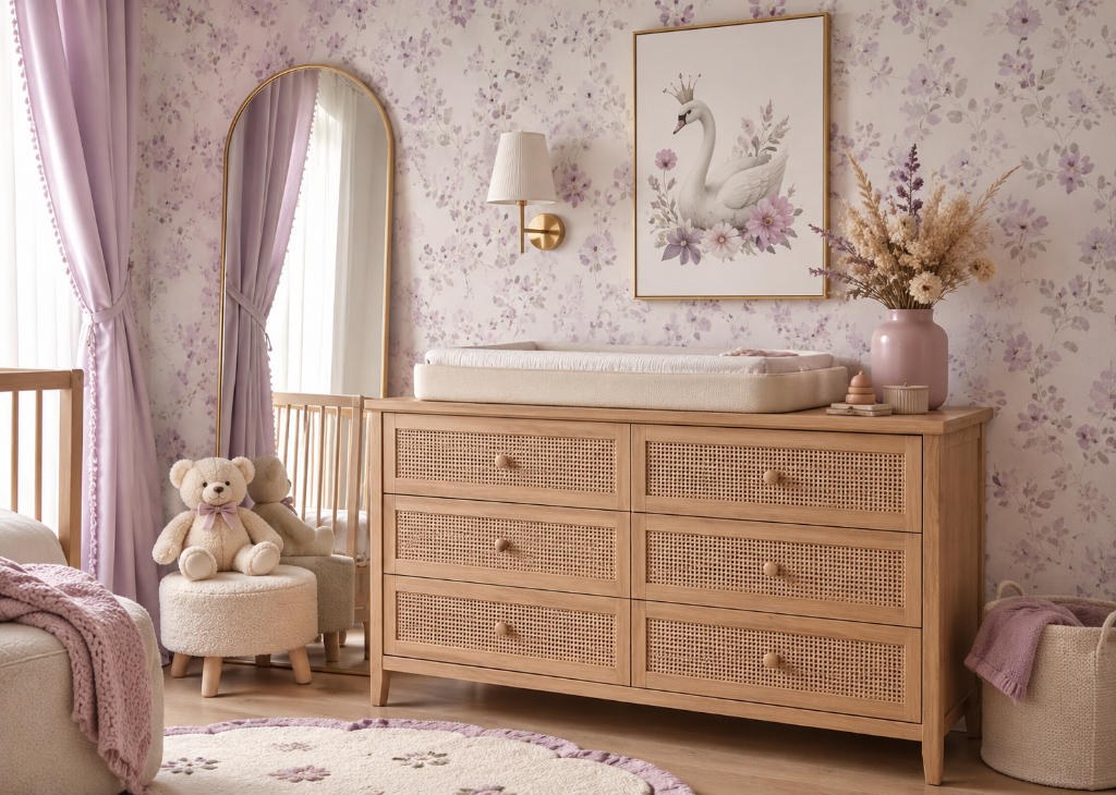 Lavender Bloom Girls Floral Nursery Wall Mural - Nursery Room View