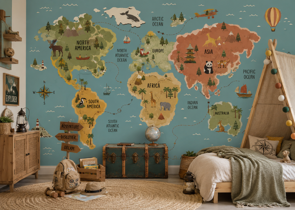 Explorer World Map Boys Adventure Wall Mural - Boys Room View