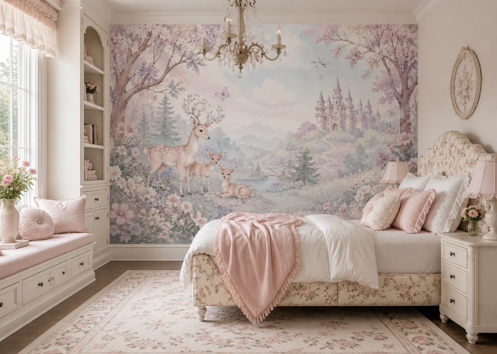 Deer Family Castle Forest Girls Enchanted Wall Mural - Room View 3