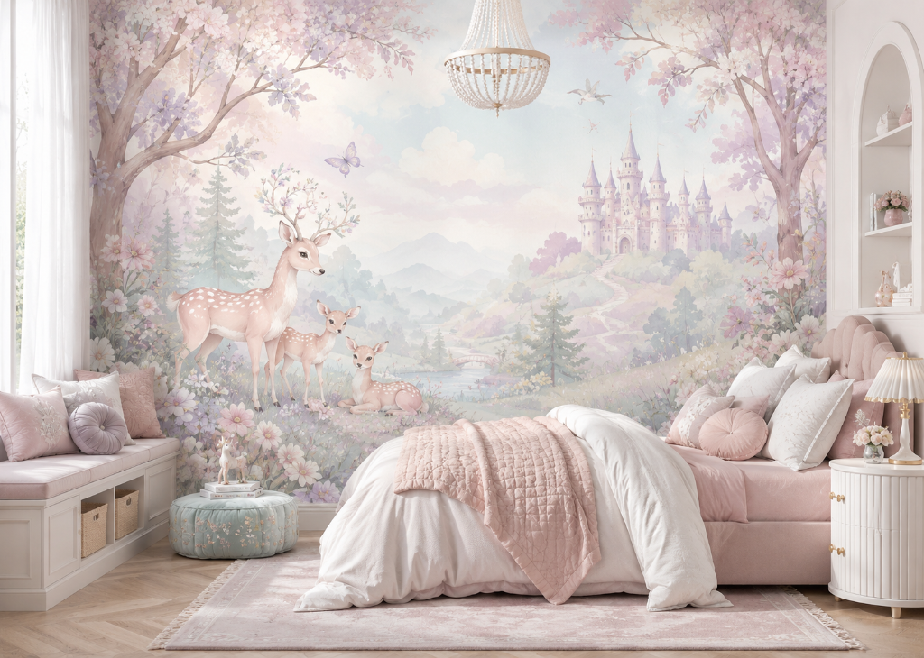 Deer Family Castle Forest Girls Enchanted Wall Mural - Girls Room View