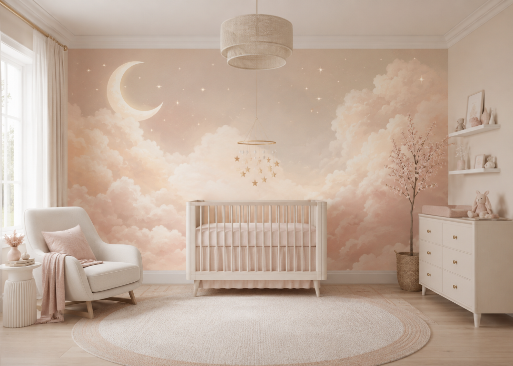 Blush Moon Clouds Girls Nursery Wall Mural - Nursery Room View