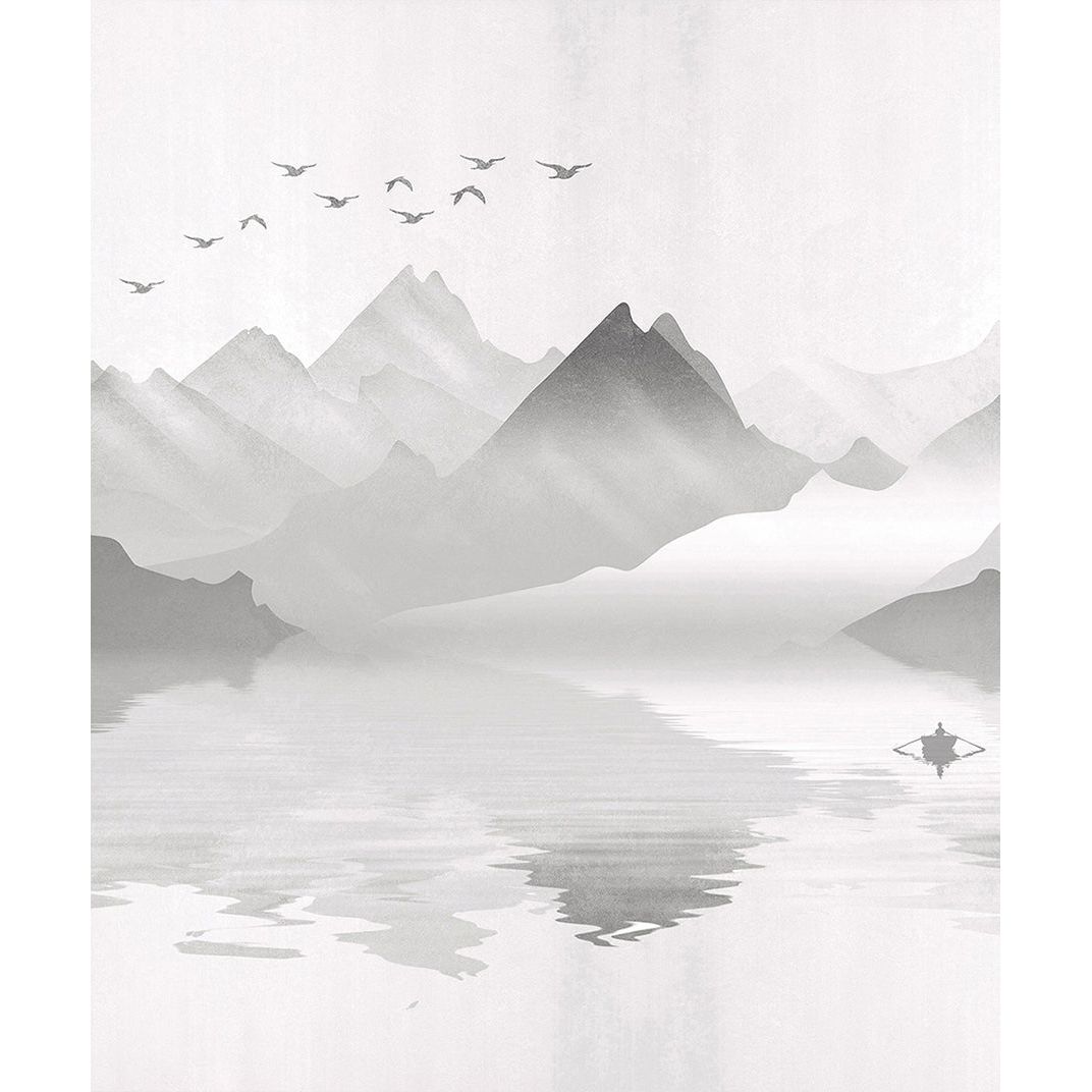 Serene Black and White Mountain Wall Mural with Birds