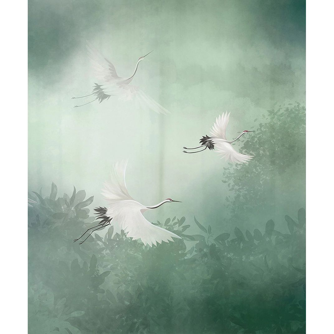 Serene Skyline: Green Atmosphere Wall Mural with Leafs and Flying Birds