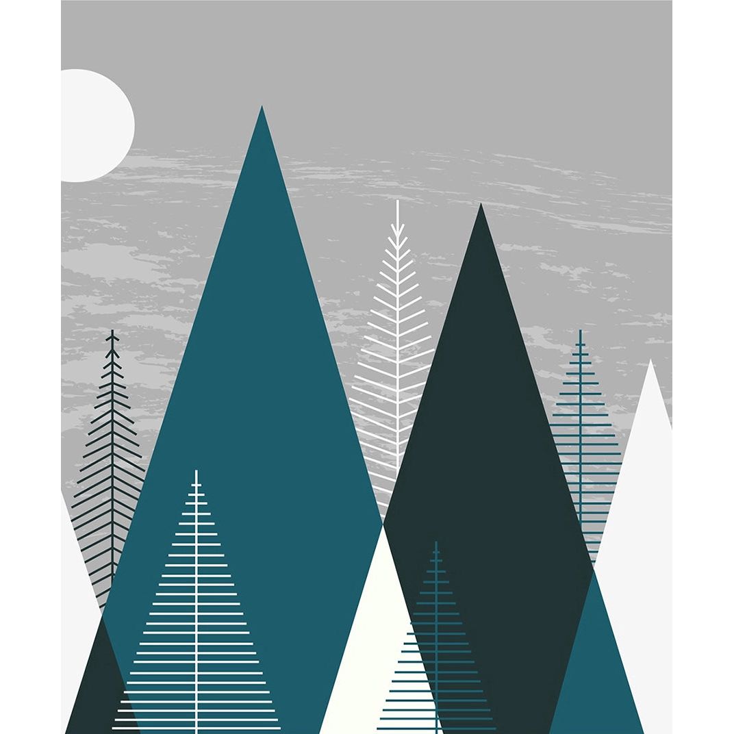 Children's Wall Mural with Trees and Blue Triangles