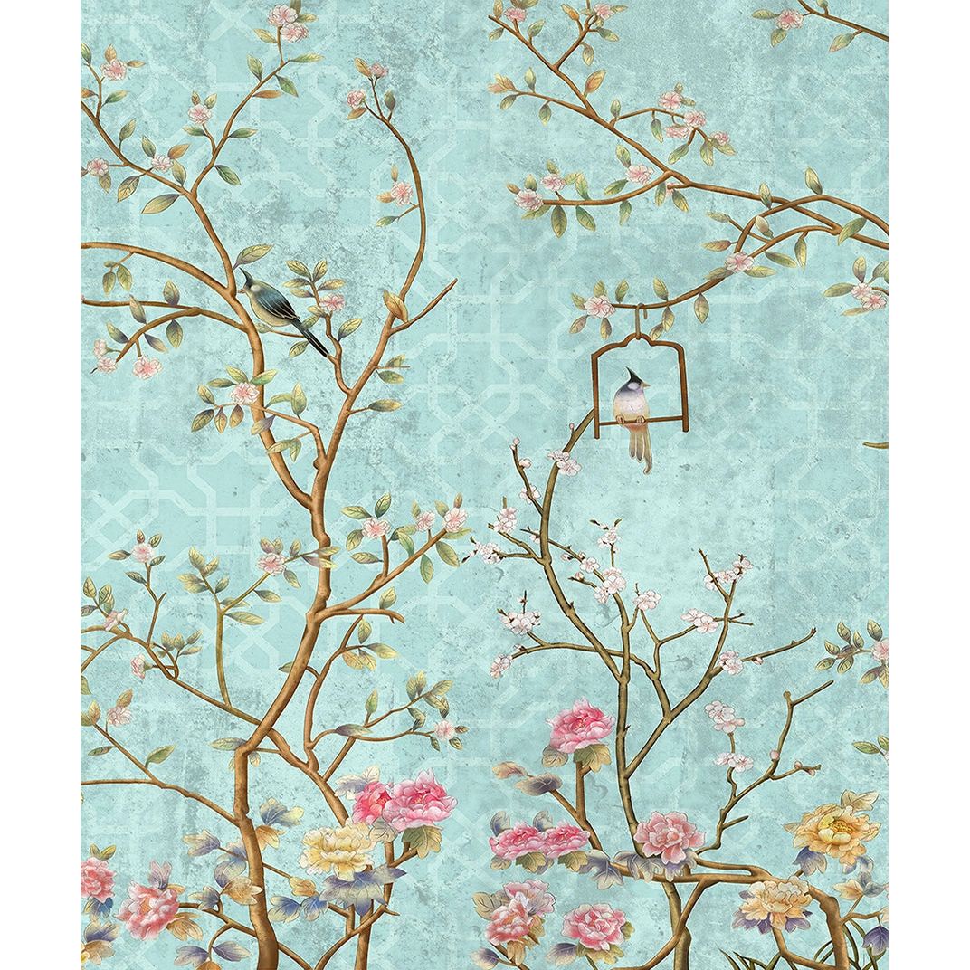 Tranquil Aviary: Light Blue Branches & Birds Wall Mural