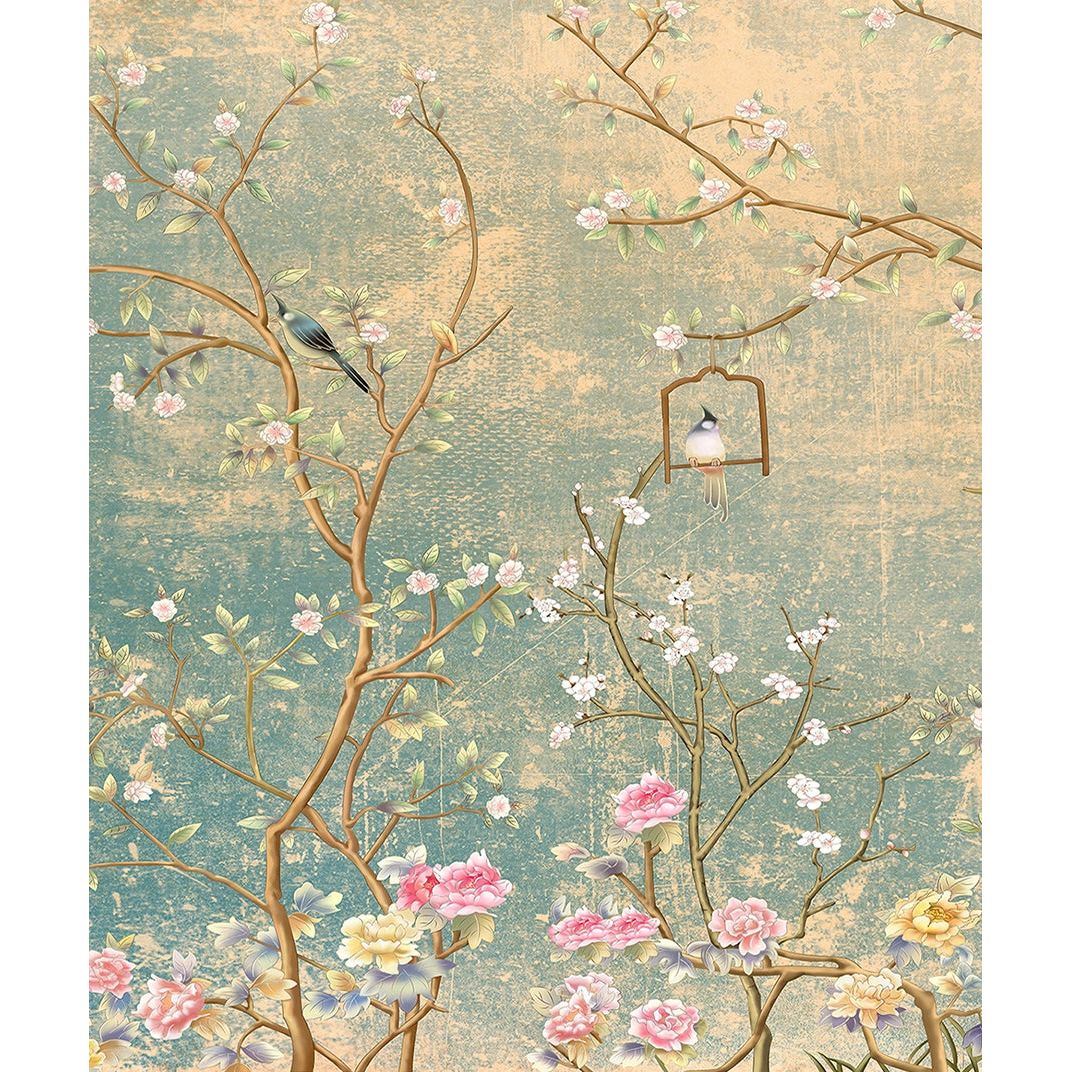 Sunlit Canopy: Blue & Yellow Branches & Birds Wall Mural