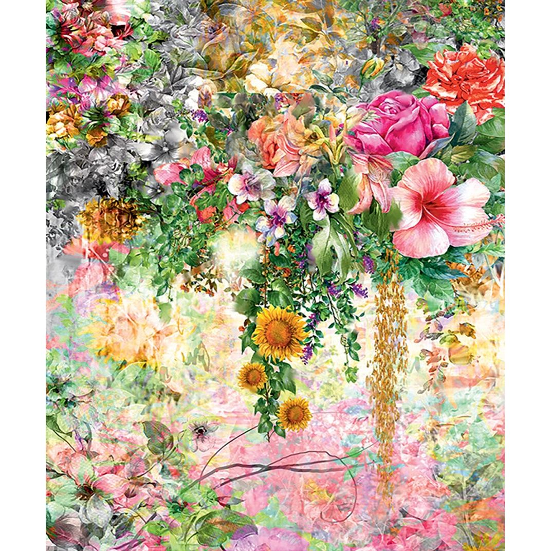 Vibrant Garden Cascade: A Symphony of Florals on Abstract Wall Mural
