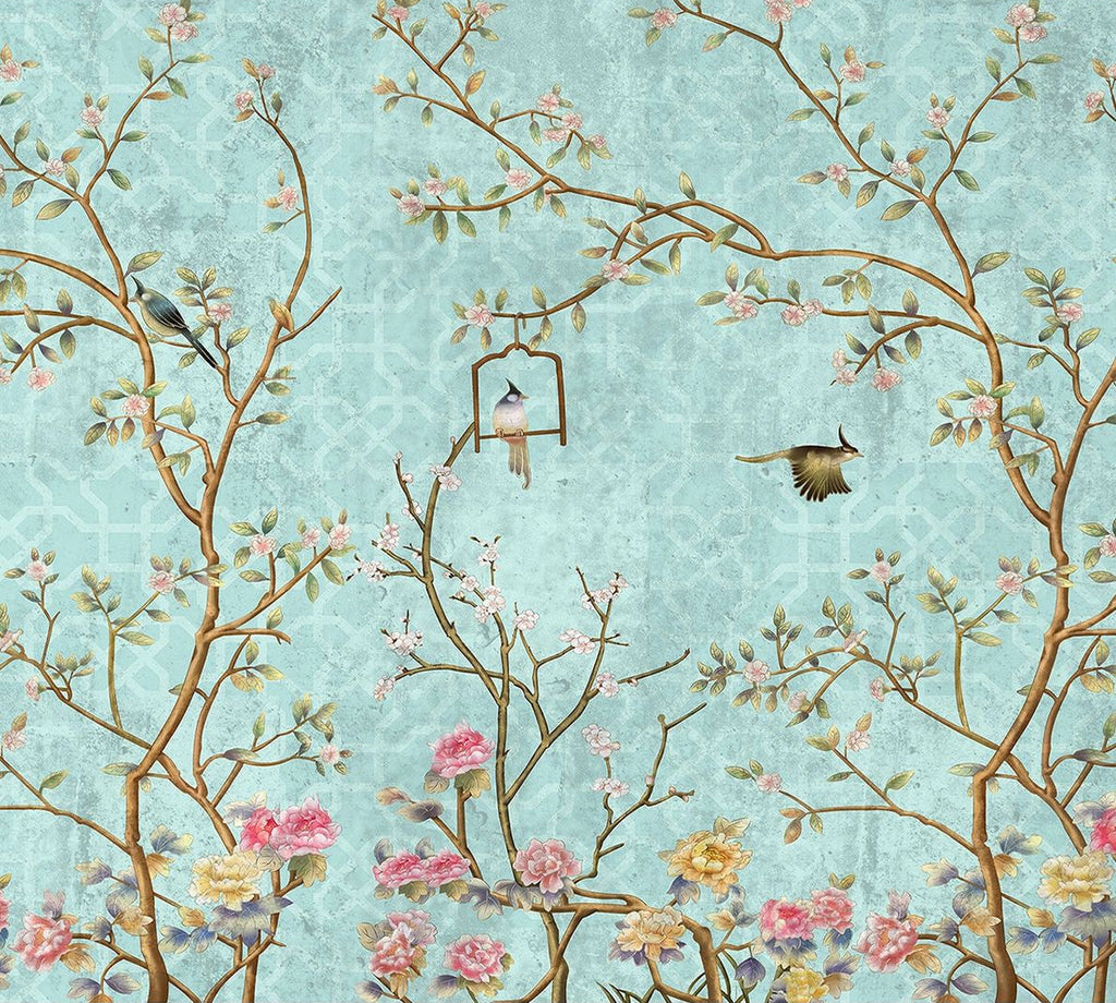 Serene Skyline: Green Atmosphere Wall Mural with Leafs and Flying