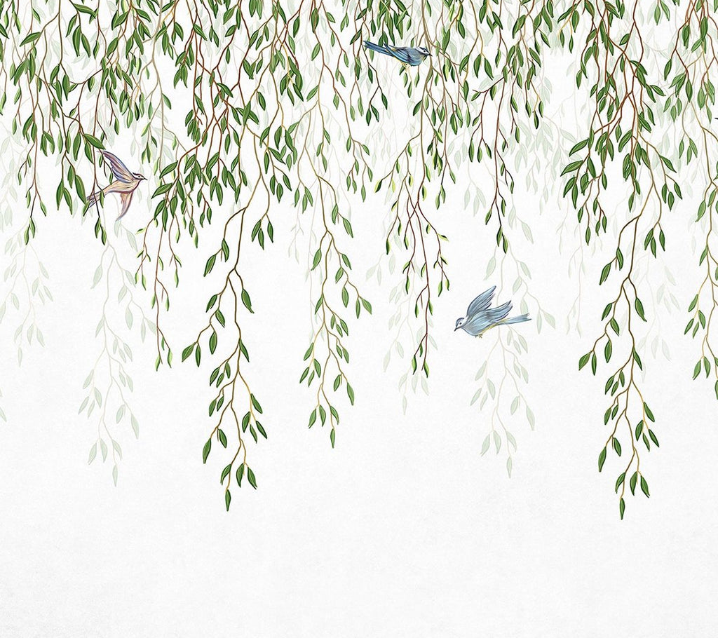 Gentle Serenade: Birds and Green Leaves Wall Mural