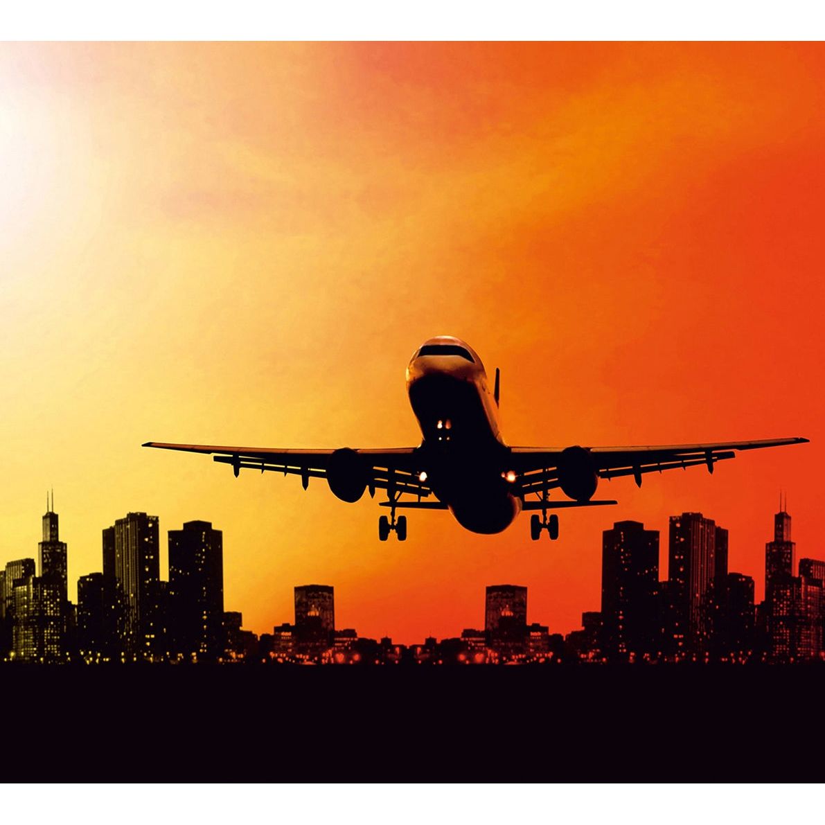 Sunset Departure: Awe-Inspiring Wall Mural with Airplane Taking Off