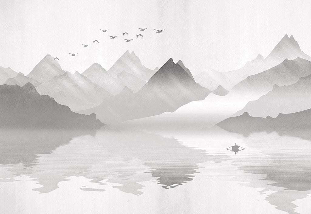 Serene Black and White Mountain Wall Mural with Birds