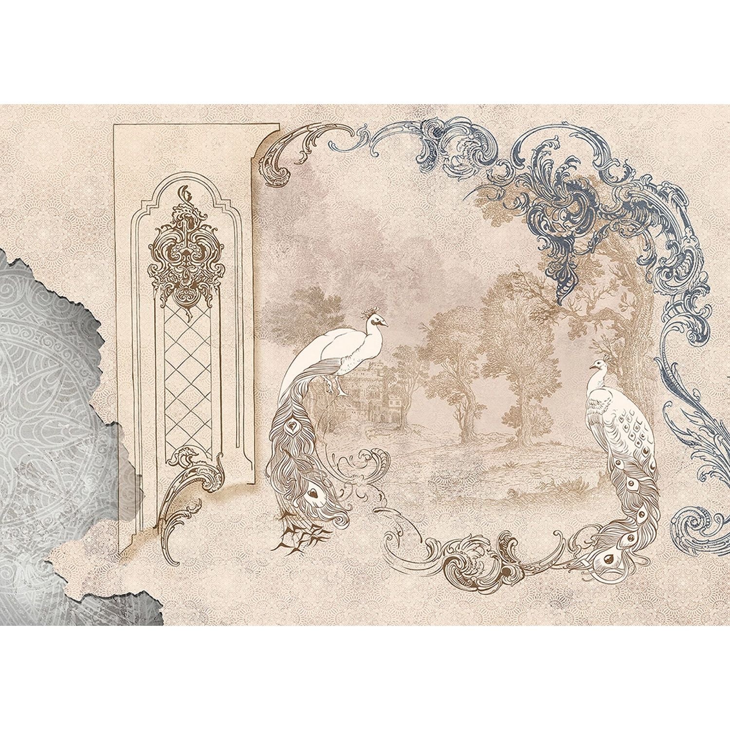 Regal Harmony: Royal Peacock & Cream Florals Wall Mural