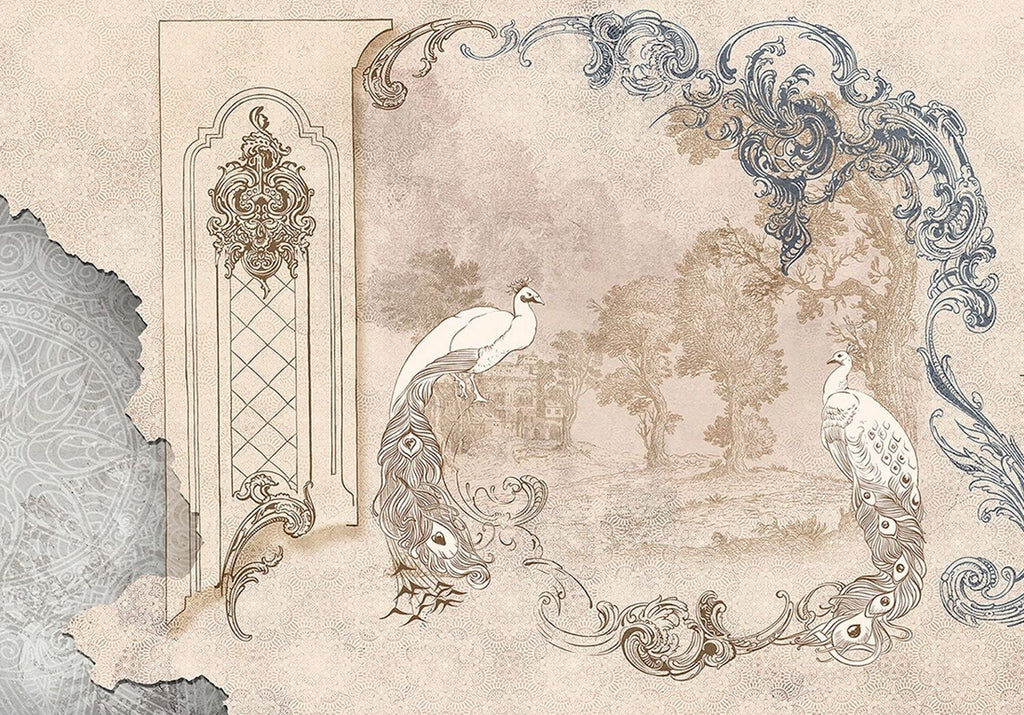 Regal Harmony: Royal Peacock & Cream Florals Wall Mural