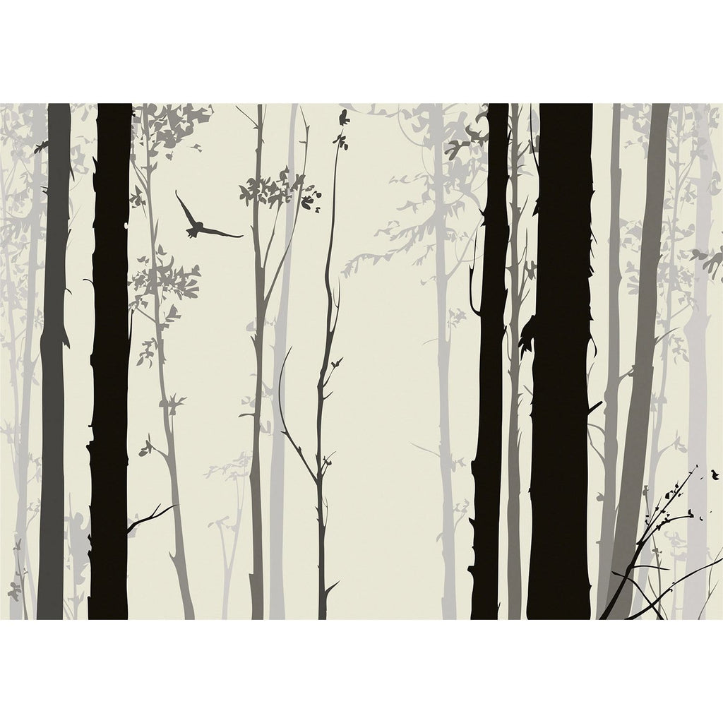 Monochrome Serenity: Black Trees and Birds Wall Mural