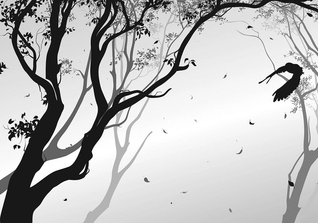 Monochrome Forest: Black & White Trees with Black Leafs Wall Mural