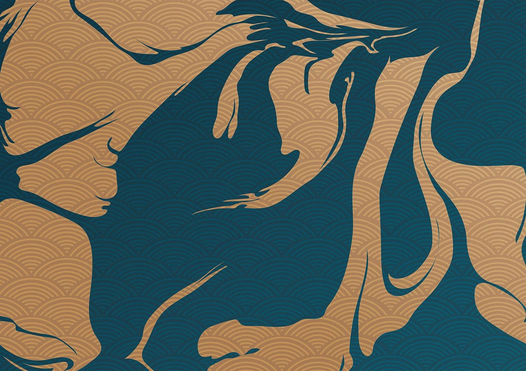 Golden Blue Elegance: Flowing Abstract Wall Mural