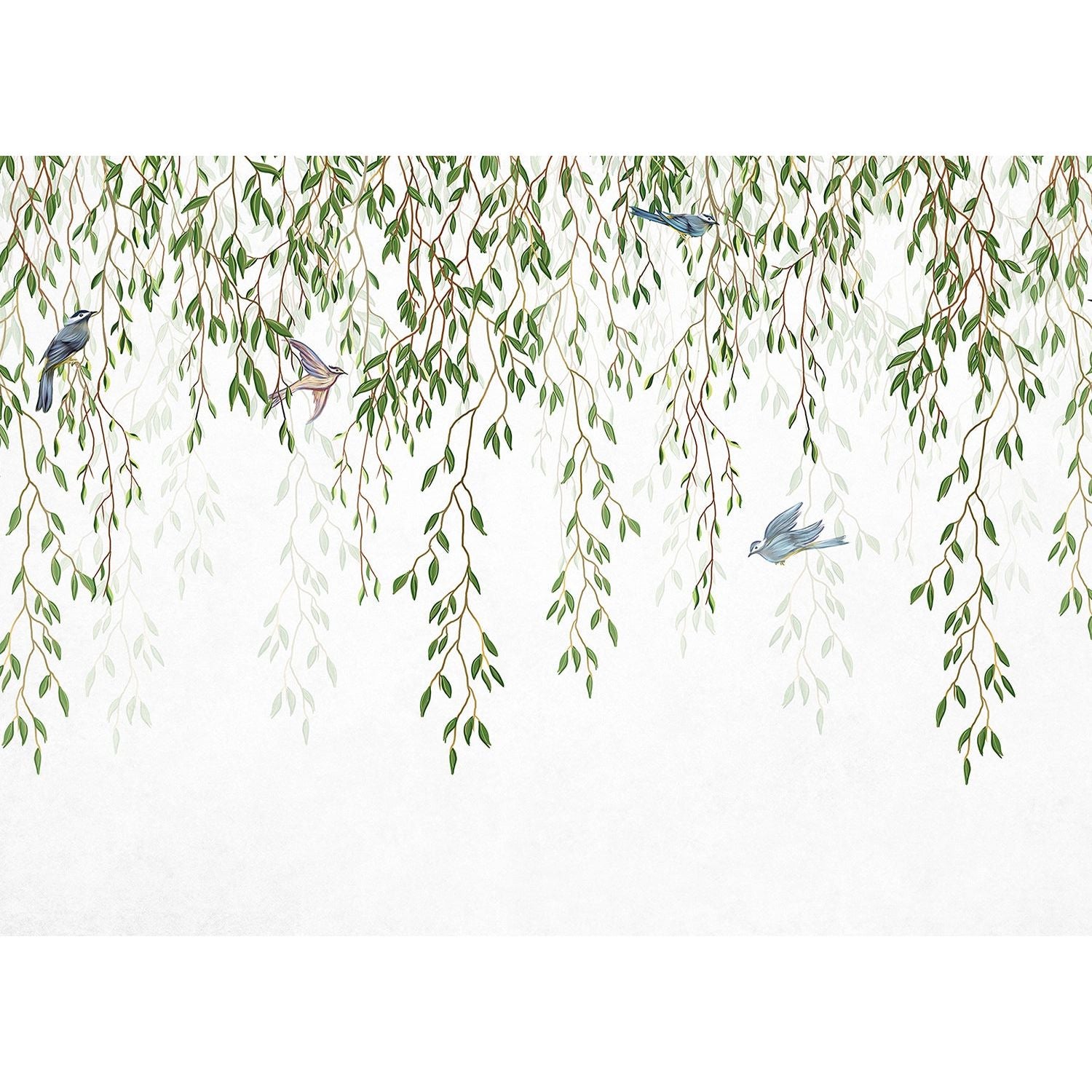 Gentle Serenade: Birds and Green Leaves Wall Mural