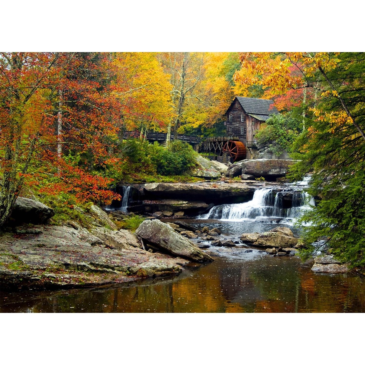 Autumn Harmony Wall Mural: The Old Mill and Waterfall
