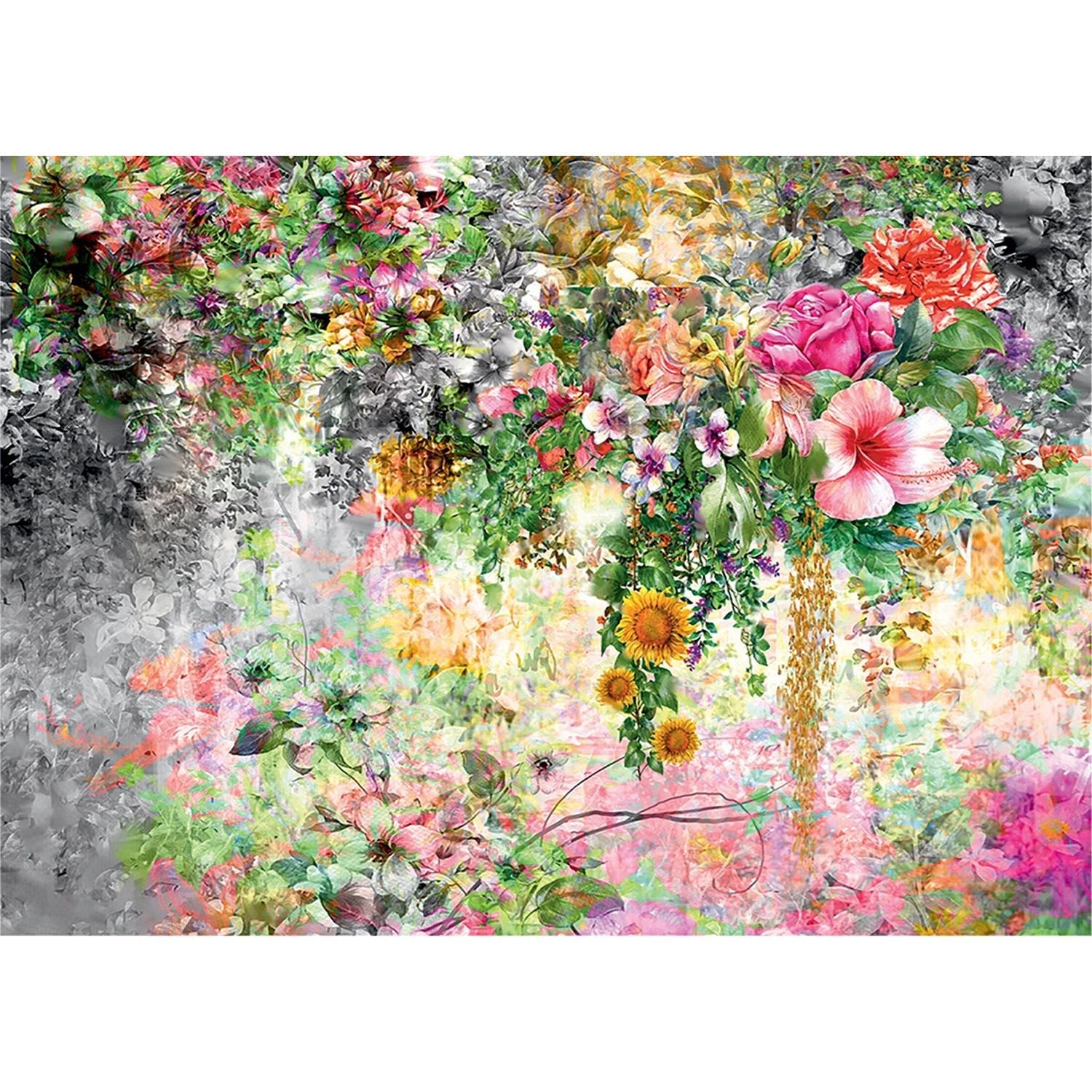 Vibrant Garden Cascade: A Symphony of Florals on Abstract Wall Mural