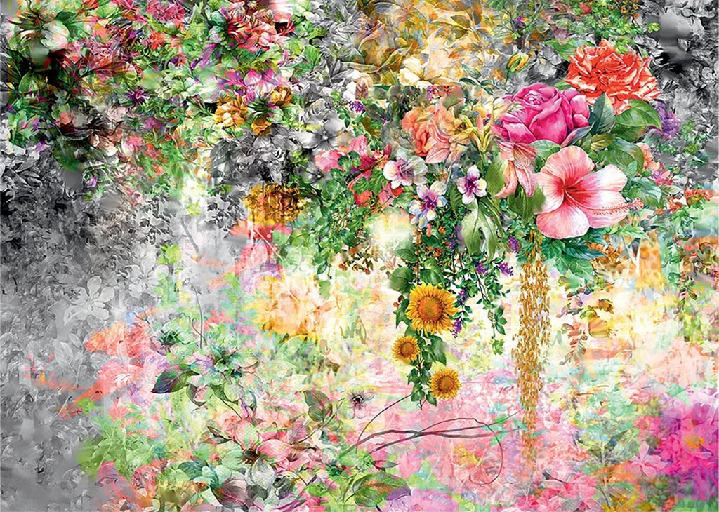 Vibrant Garden Cascade: A Symphony of Florals on Abstract Wall Mural