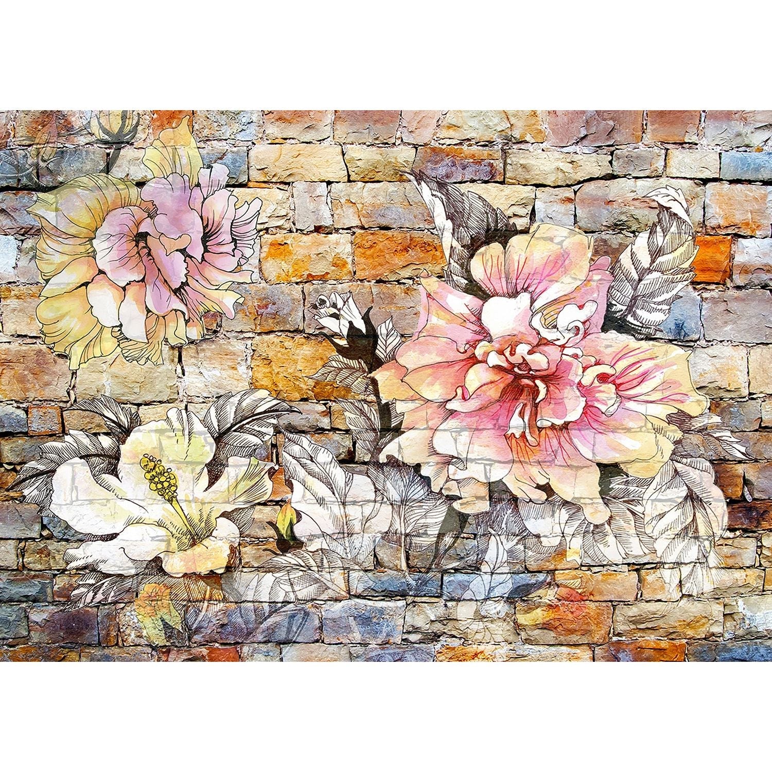 Urban Blossoms: Watercolor Florals on Brick Wall Mural