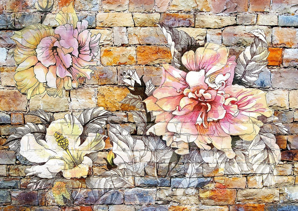 Urban Blossoms: Watercolor Florals on Brick Wall Mural