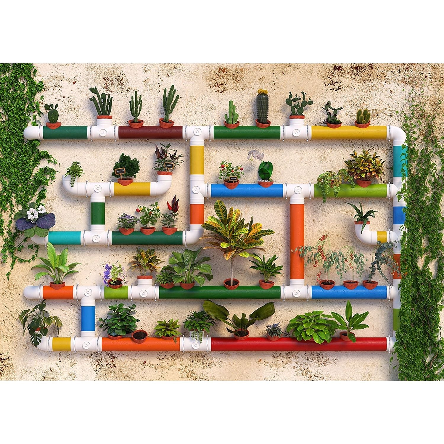 Greenery Grid: Industrial Pipe Garden Wall Mural