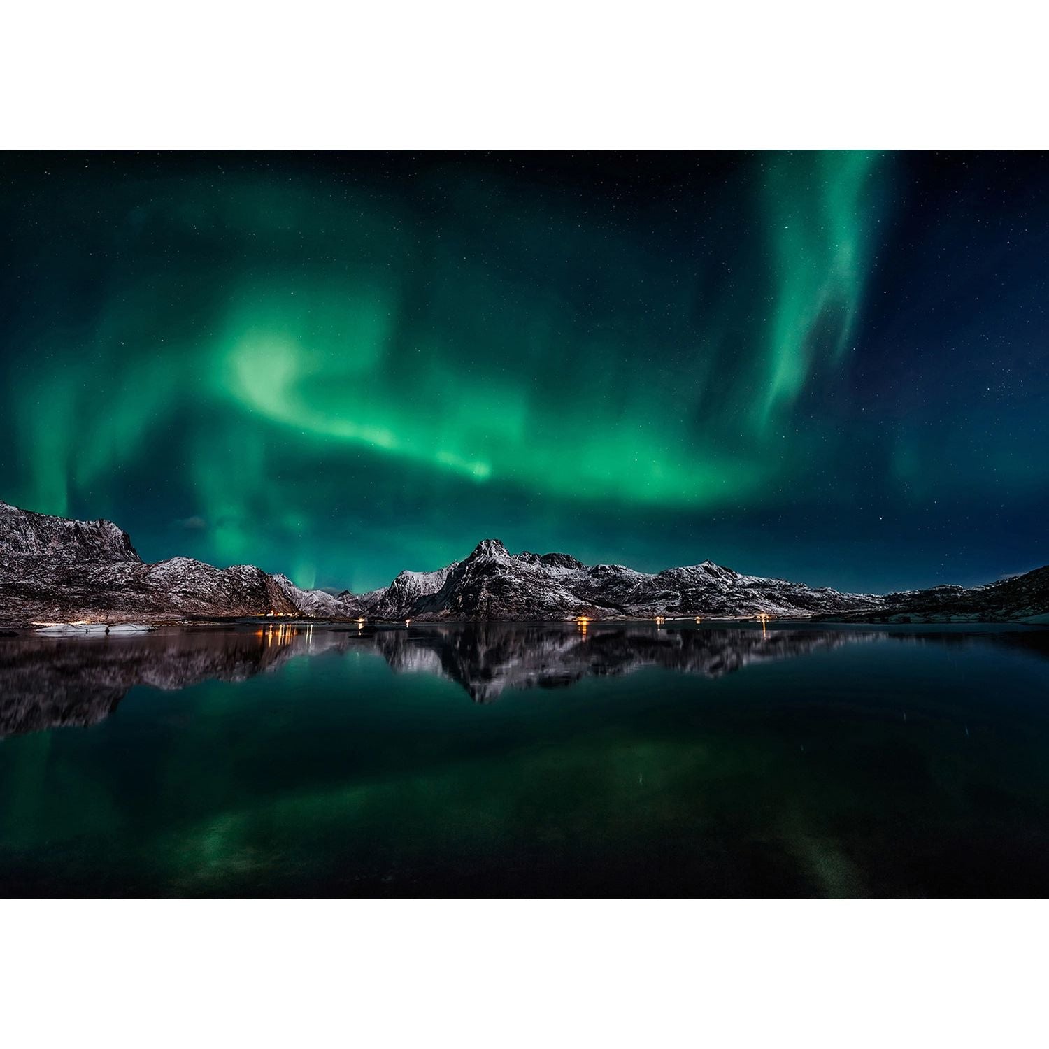 Northern Lights Serenity: Aurora Illuminating Dark Rocks & Water Wall Mural