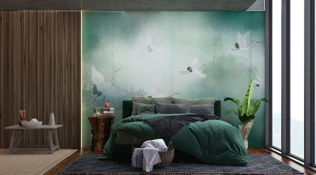 Serene Skyline: Green Atmosphere Wall Mural with Leafs and Flying Birds