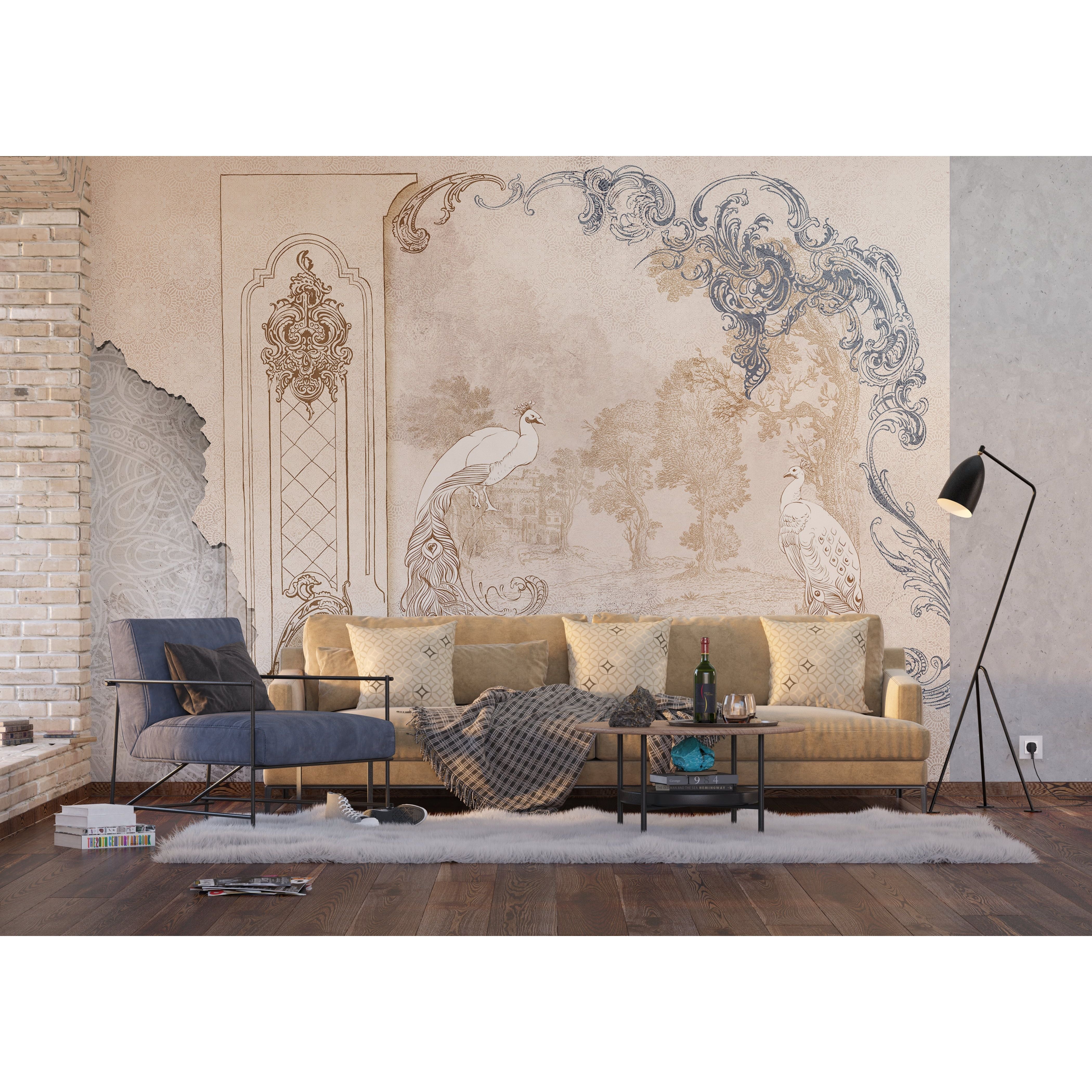 Regal Harmony: Royal Peacock & Cream Florals Wall Mural