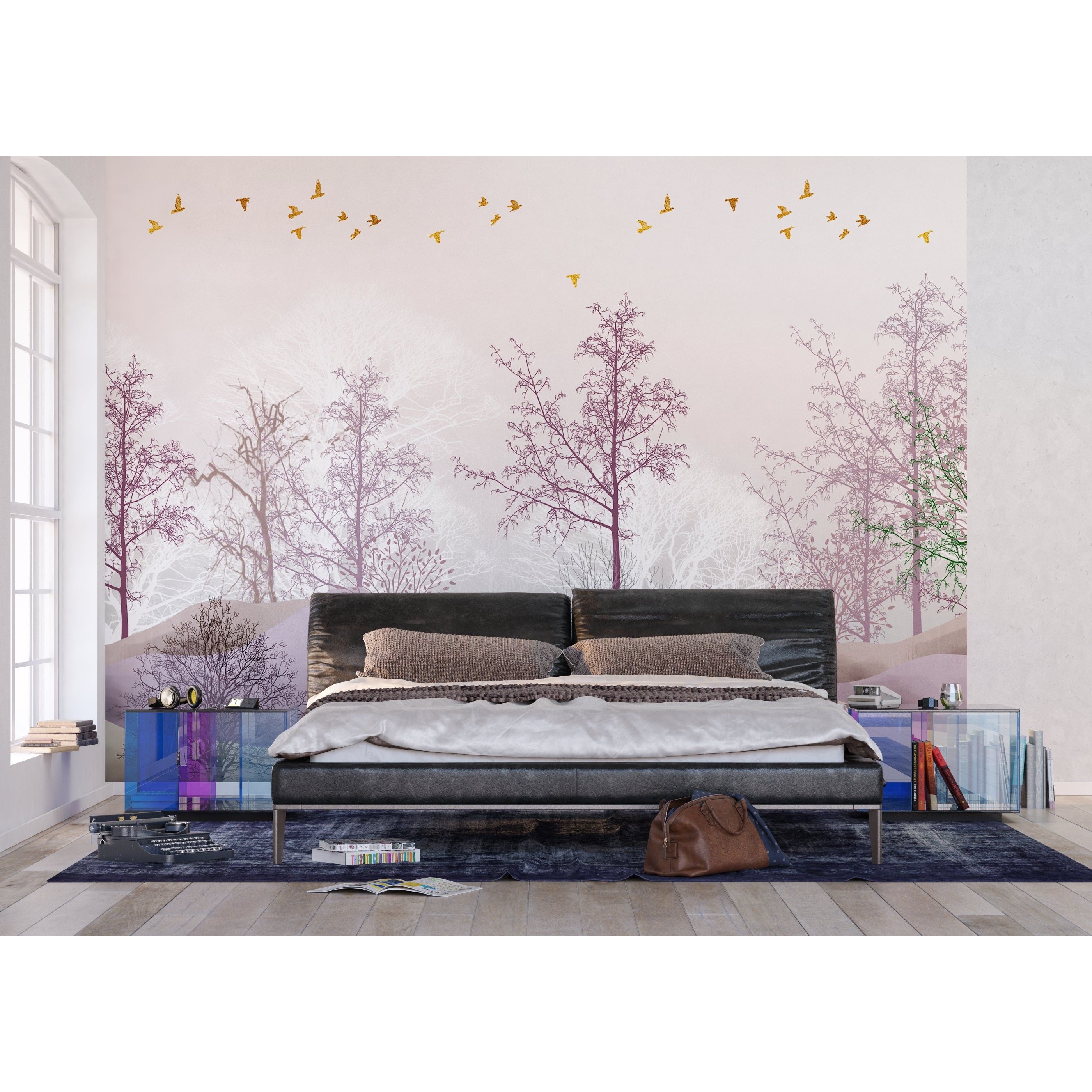 Graceful Tranquility: Grayish Pastel Trees & Golden Birds Wall Mural
