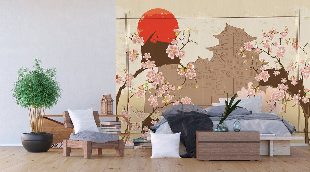 Eastern Blossom: Cherry Blossoms and Pagoda Wall Mural