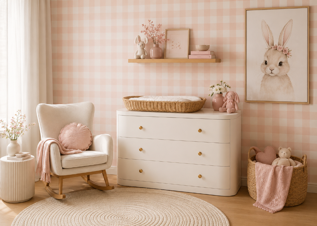 Blush Gingham Girls Nursery Wall Mural - Nursery Room View