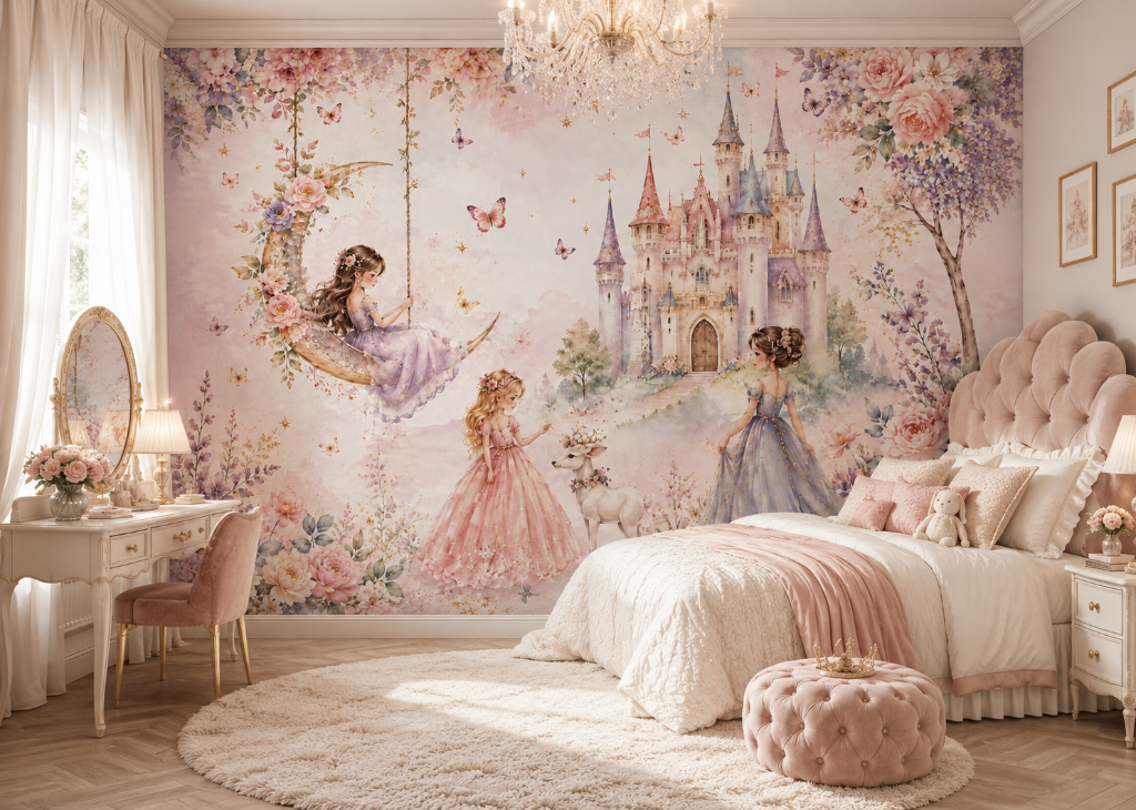 Moon Swing Princesses Girls Floral Wall Mural - Room View 2