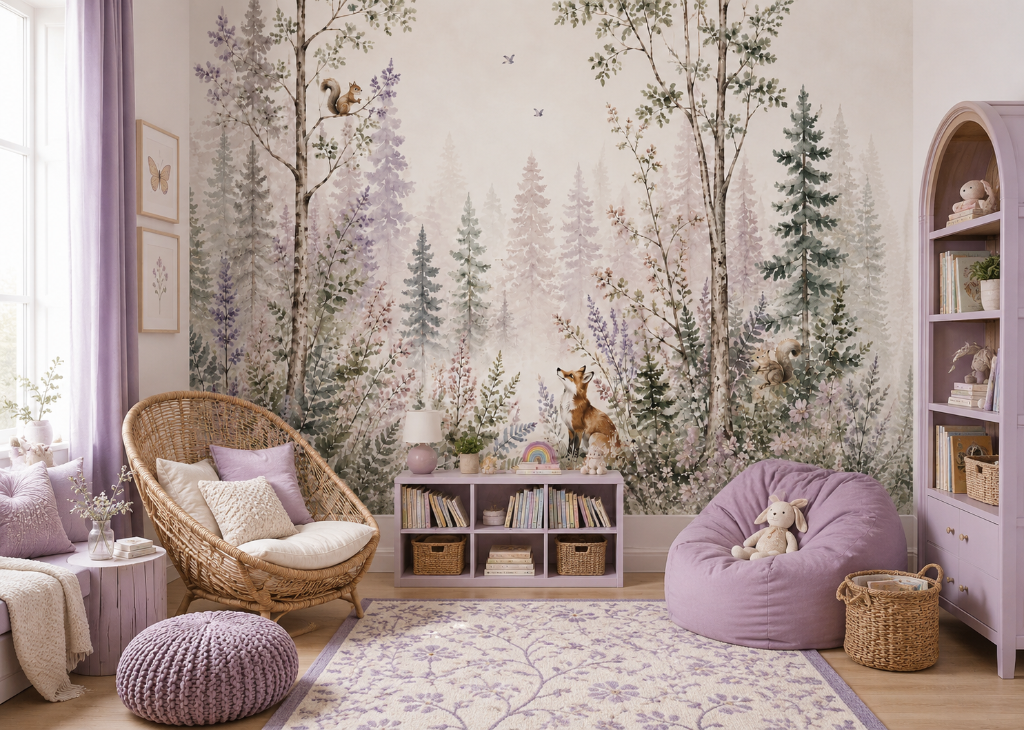 Lavender Fox Girls Woodland Wall Mural - Room View 3