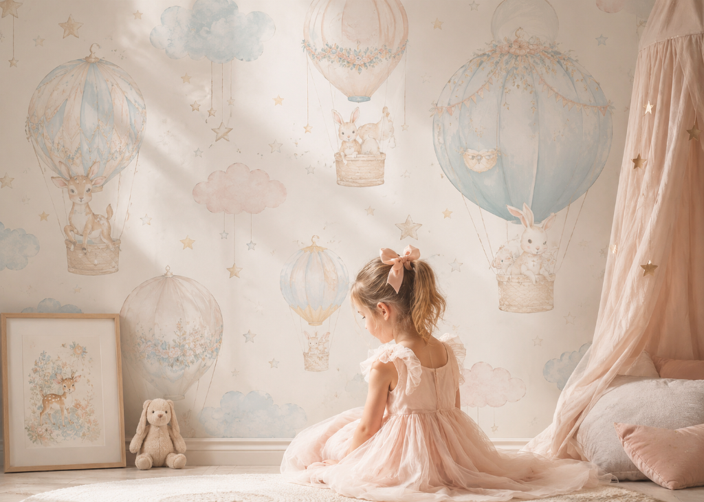 Stardust Balloons Girls Nursery Wall Mural - Girls Room View
