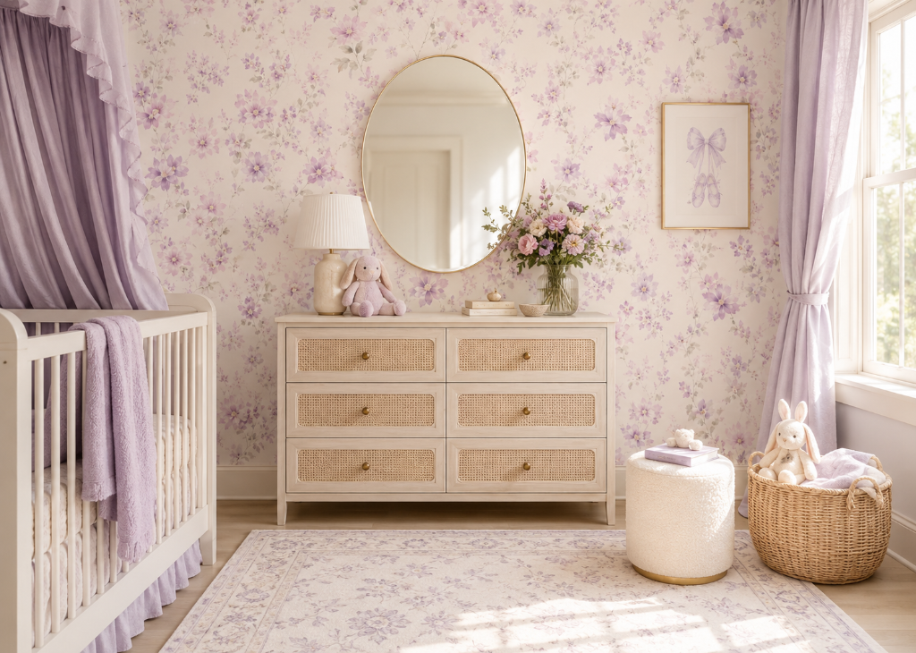 Lavender Bloom Girls Floral Nursery Wall Mural - Room View 3