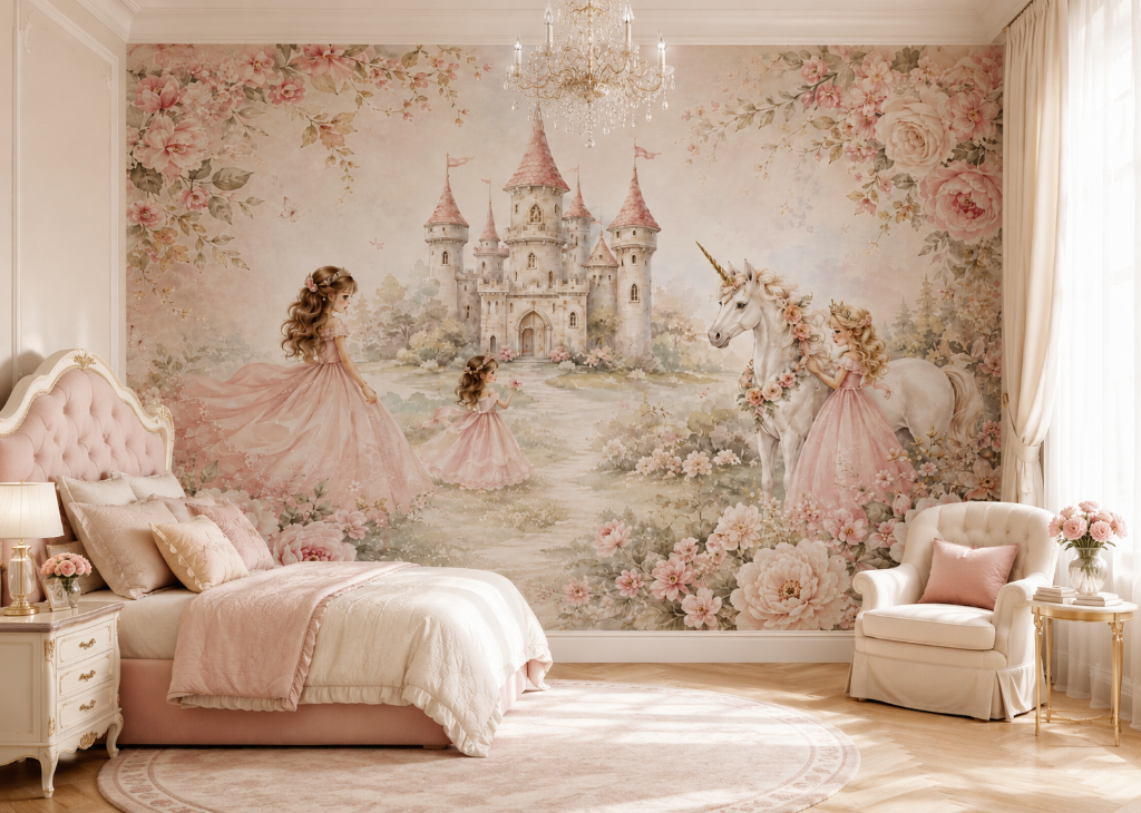 Princess Castle Girls Floral Wall Mural - Room View 2