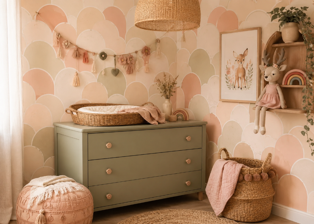 Peach Scallop Girls Boho Nursery Wall Mural - Nursery Room View