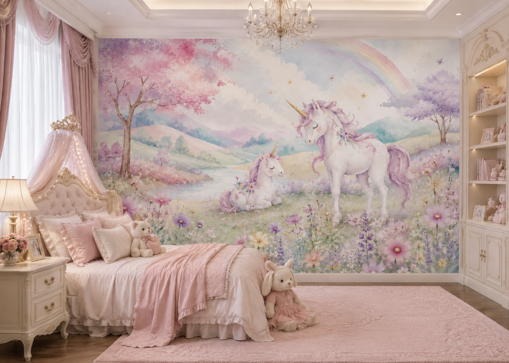 Unicorn Meadow Rainbow Girls Floral Wall Mural - Room View 2