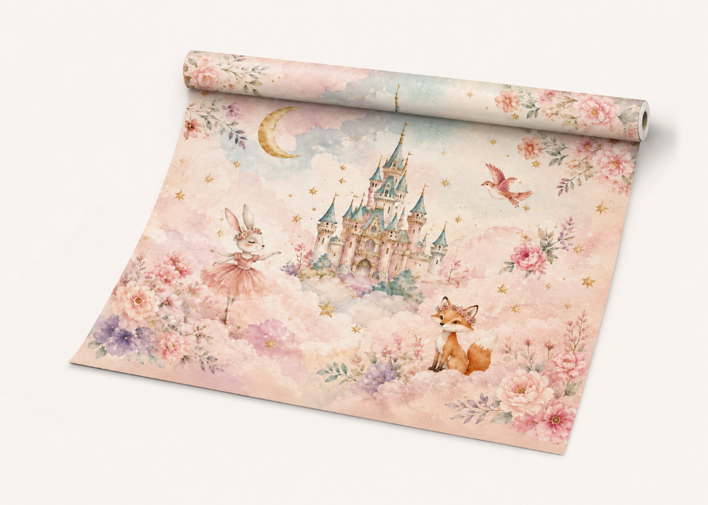 Ballerina Bunny & Fox Girls Enchanted Castle Wall Mural - Roll View