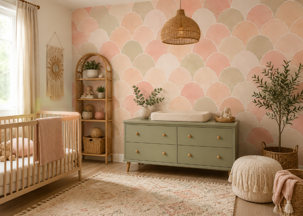 Peach Scallop Girls Boho Nursery Wall Mural - Room View 2