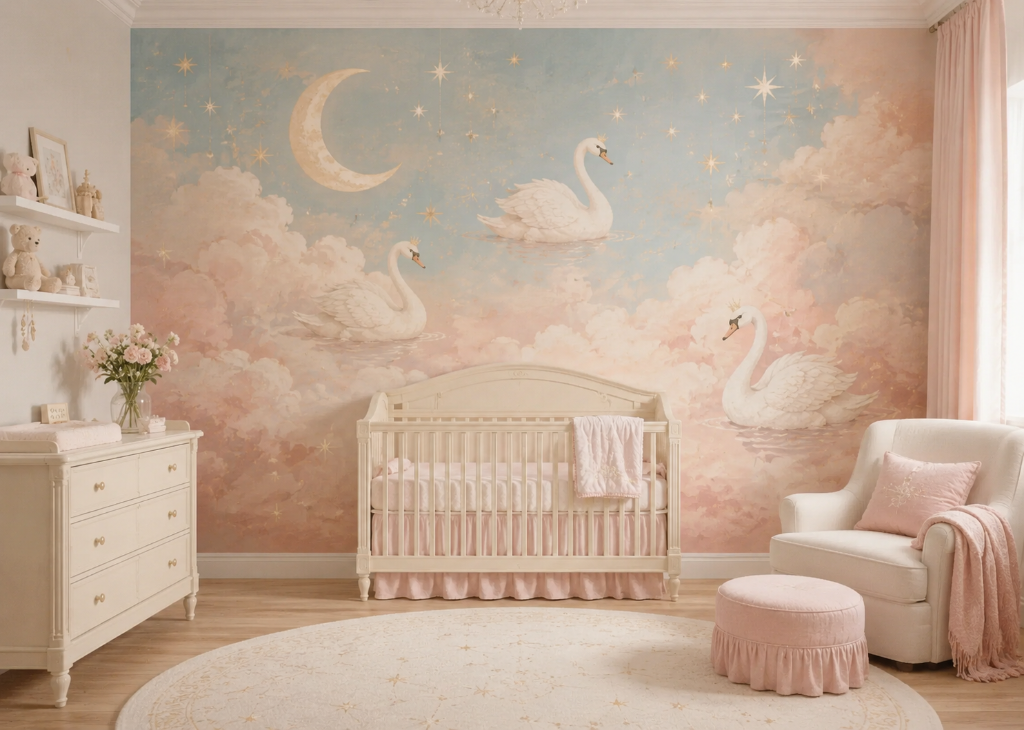 Crown Swans Girls Nursery Wall Mural - Nursery Room View