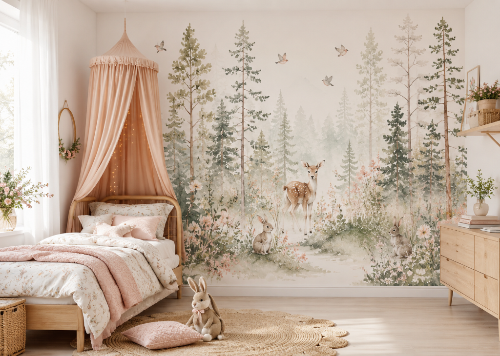 Enchanted Forest Fawn Kids Nature Wall Mural - Girls Room View