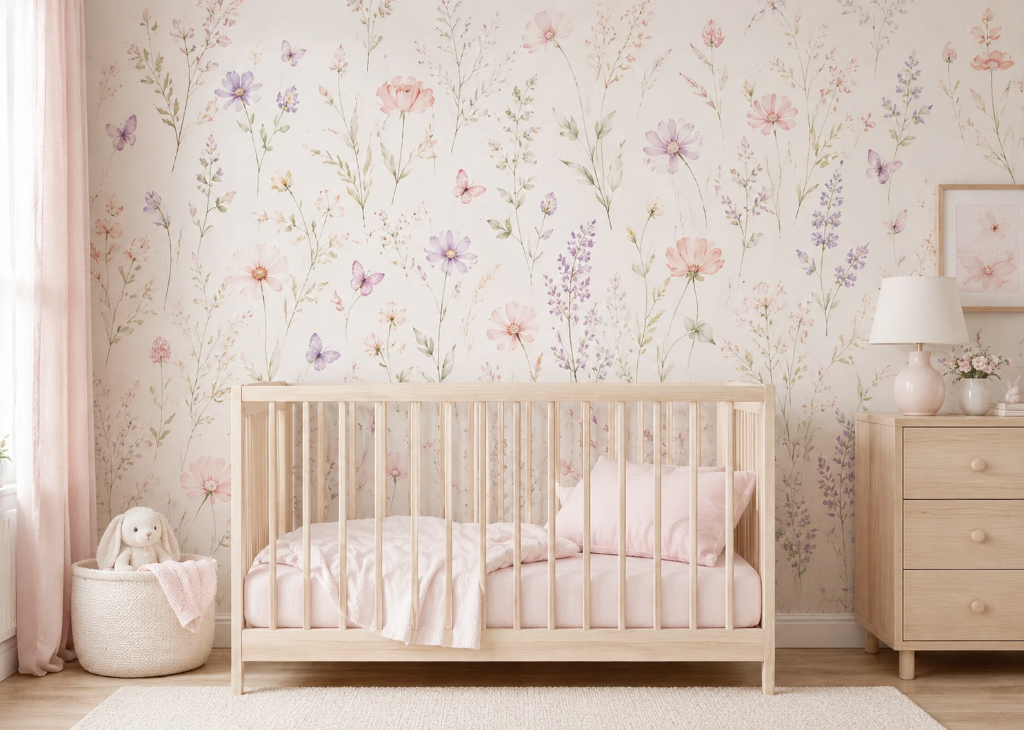 Wildflower Meadow Girls Nursery Wall Mural - Nursery Room View