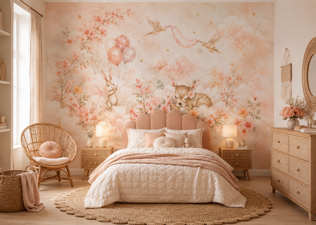 Blossom Lullaby Girls Floral Wall Mural - Bedroom View