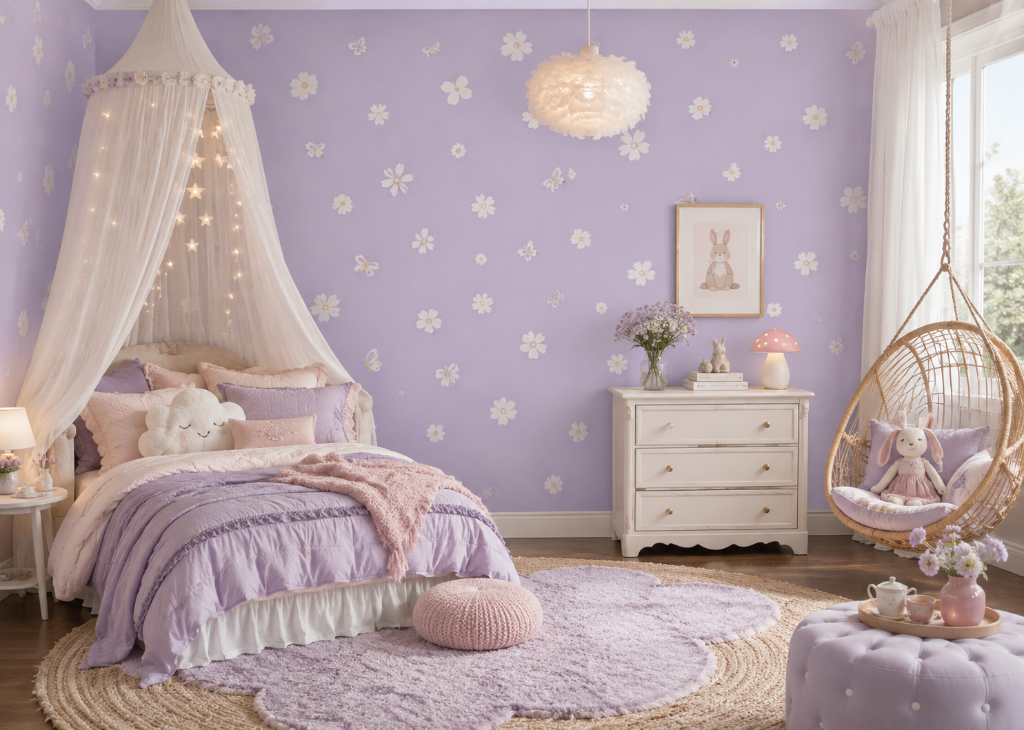 Lavender Daisy Dream Girls Wall Mural - Room View 2