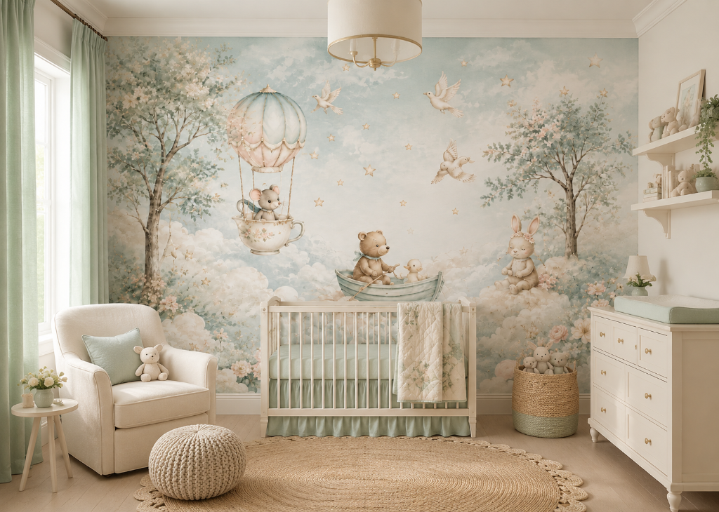 Teacup Voyage Girls Nursery Wall Mural - Nursery Crib View