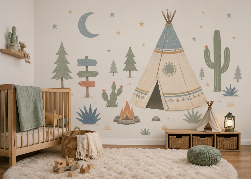 Wild Camp Adventure Boys Teepee Wall Mural - Nursery Room View