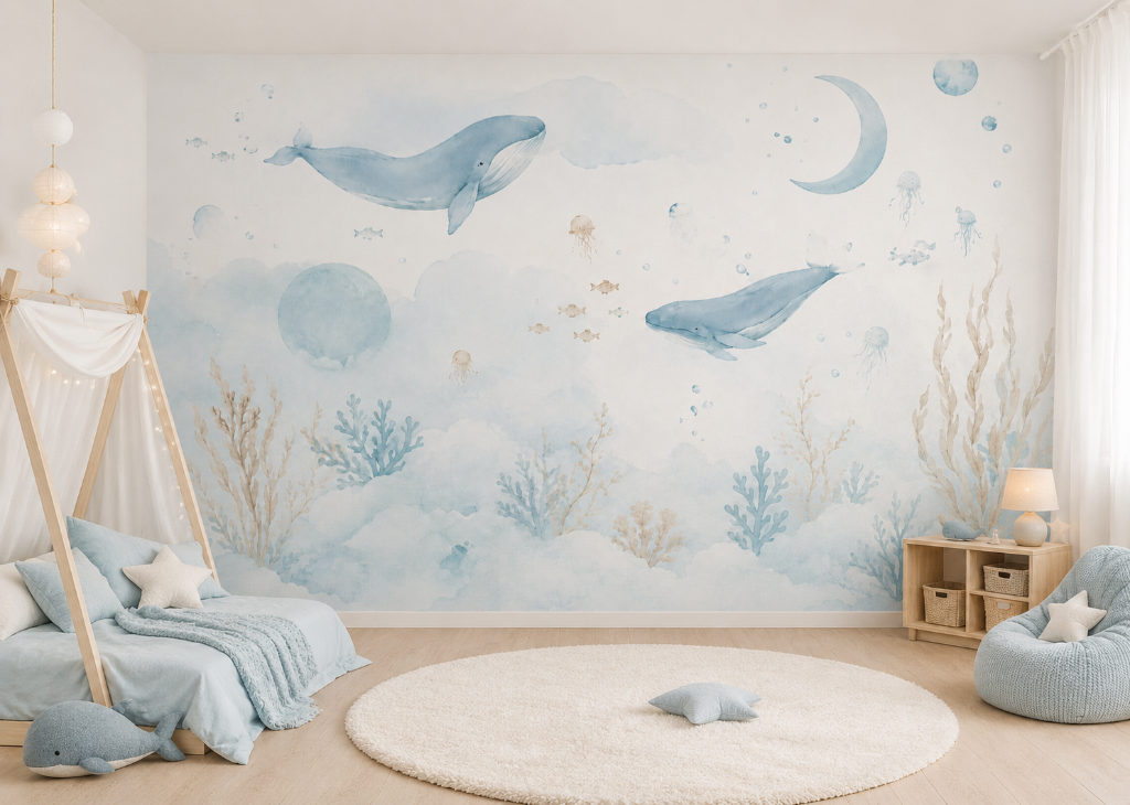 Dream Whales Boys Nursery Wall Mural - Room View 3